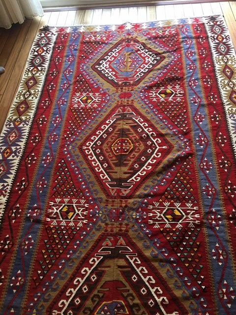A colorful vintage Turkish Avsar Kilim, Anatolian rug, Handwoven,Ottoman kilim
